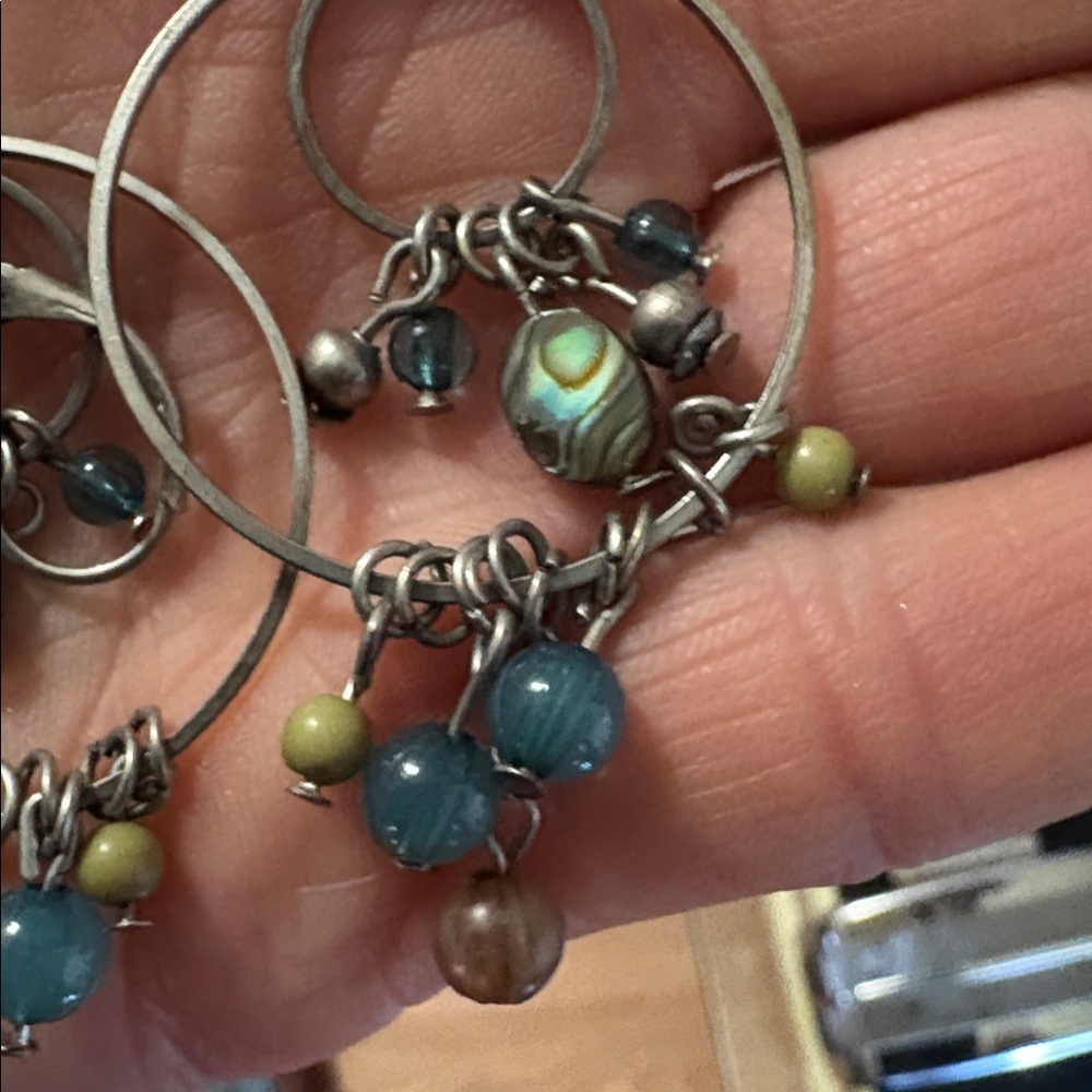 ABALONE SHELL AND BEADED DOUBLE SILVER LOOPED DROP DANGLE LEVERBACK 2.8"EARRINGS - Picture 6 of 10